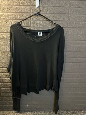 We The Free Free People Black Oversized Thermal Knit Top Raw Hem Large